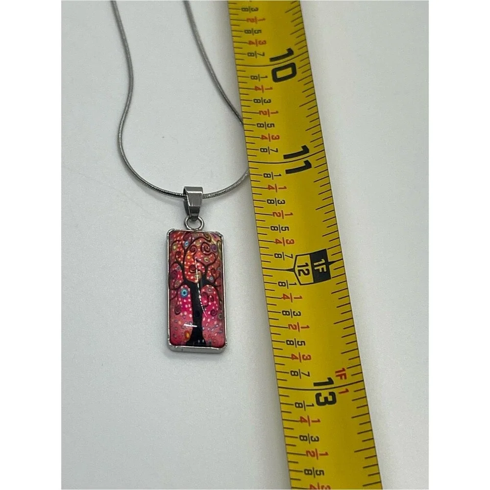 Hand Crafted Pink Red Tree Glass Rectangle Pendant Necklace Earrings Set NWT